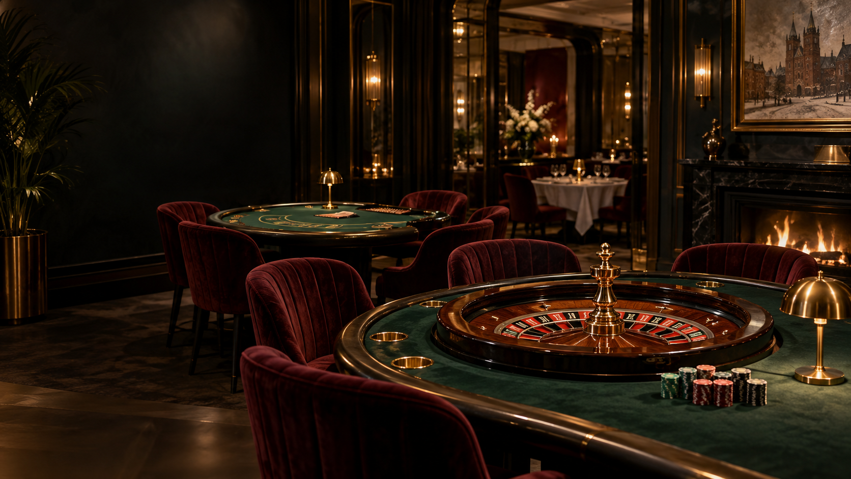Salon restauracji Złoty Miedź o zmierzchu
